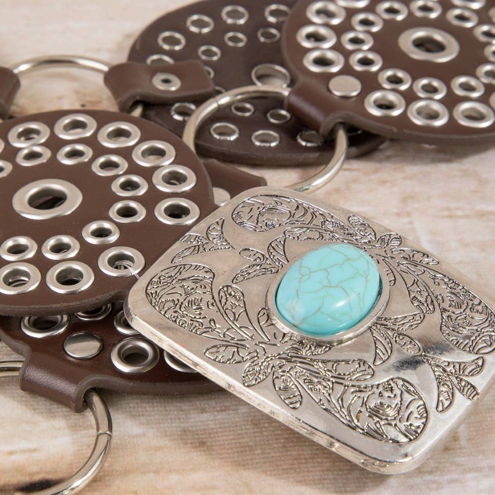 Vegan Leather Studded Disc Engraved Buckle