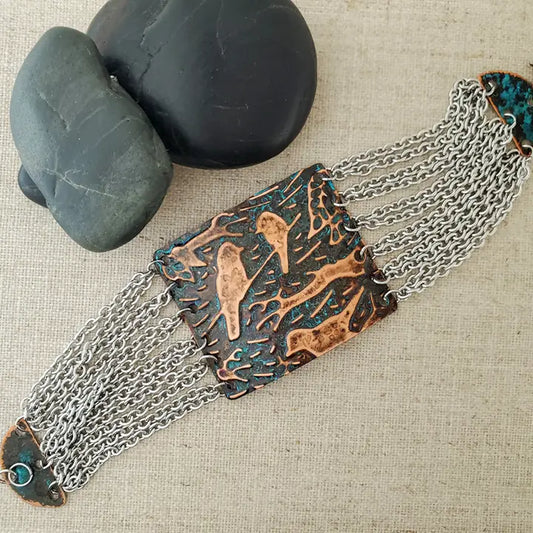 Natural Patina Emboss Large Multi Chain Copper Bird Bracelet