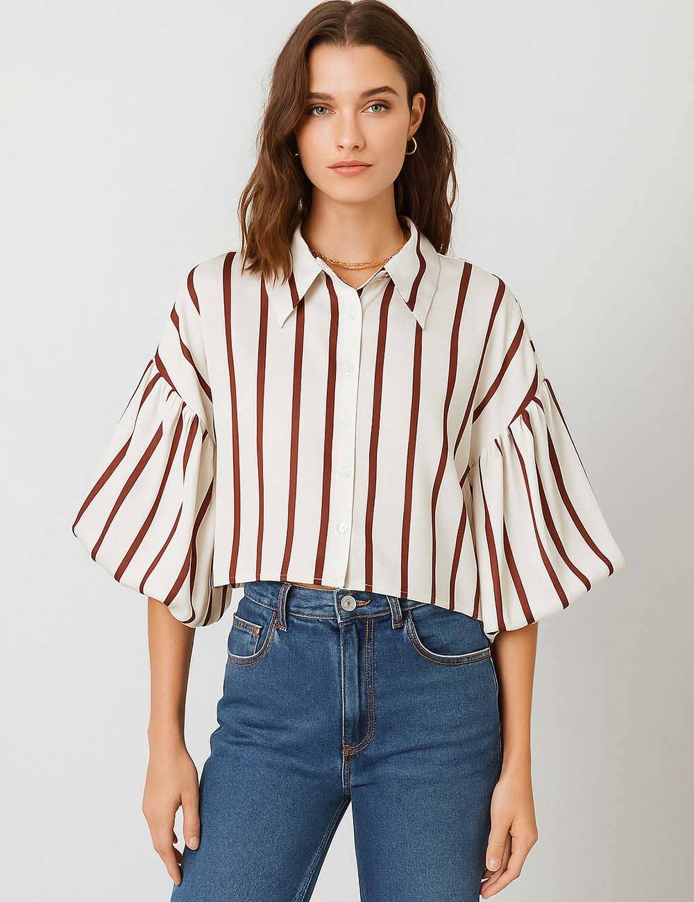 Ladies Striped Puff Sleeves Button Shirt
