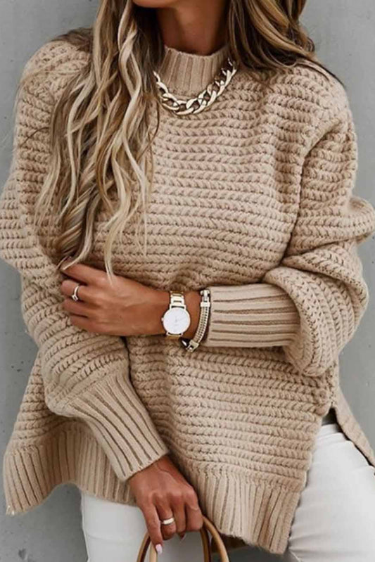 Ladies Solid Color Pullover Side Split Long Sleeves Sweater