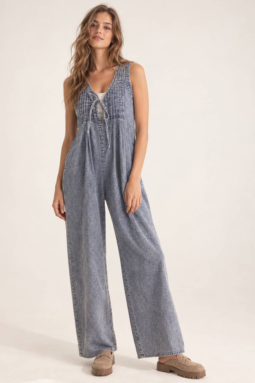 Pintuck Detail Washed Denim Wide Leg Jumpsuit