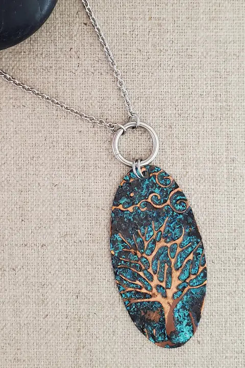 Natural Patina Emboss Long Oval Copper Tree Necklace