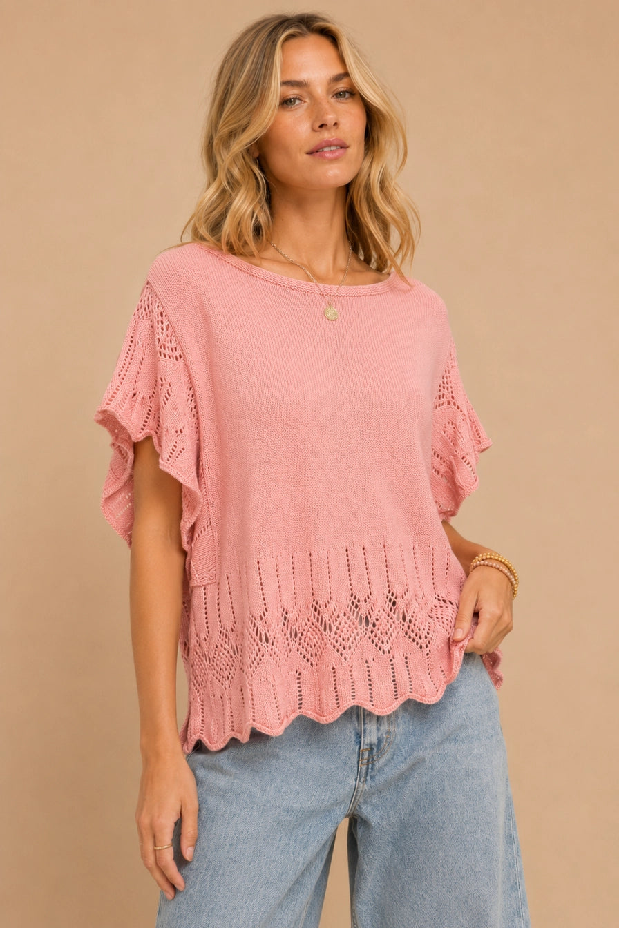 Pointelle Flutter-Sleeve Knit Top