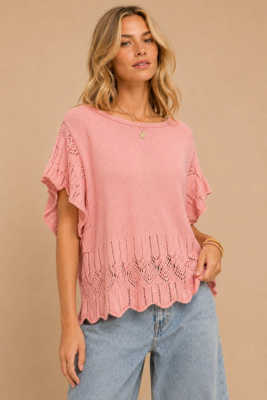Pointelle Flutter-Sleeve Knit Top