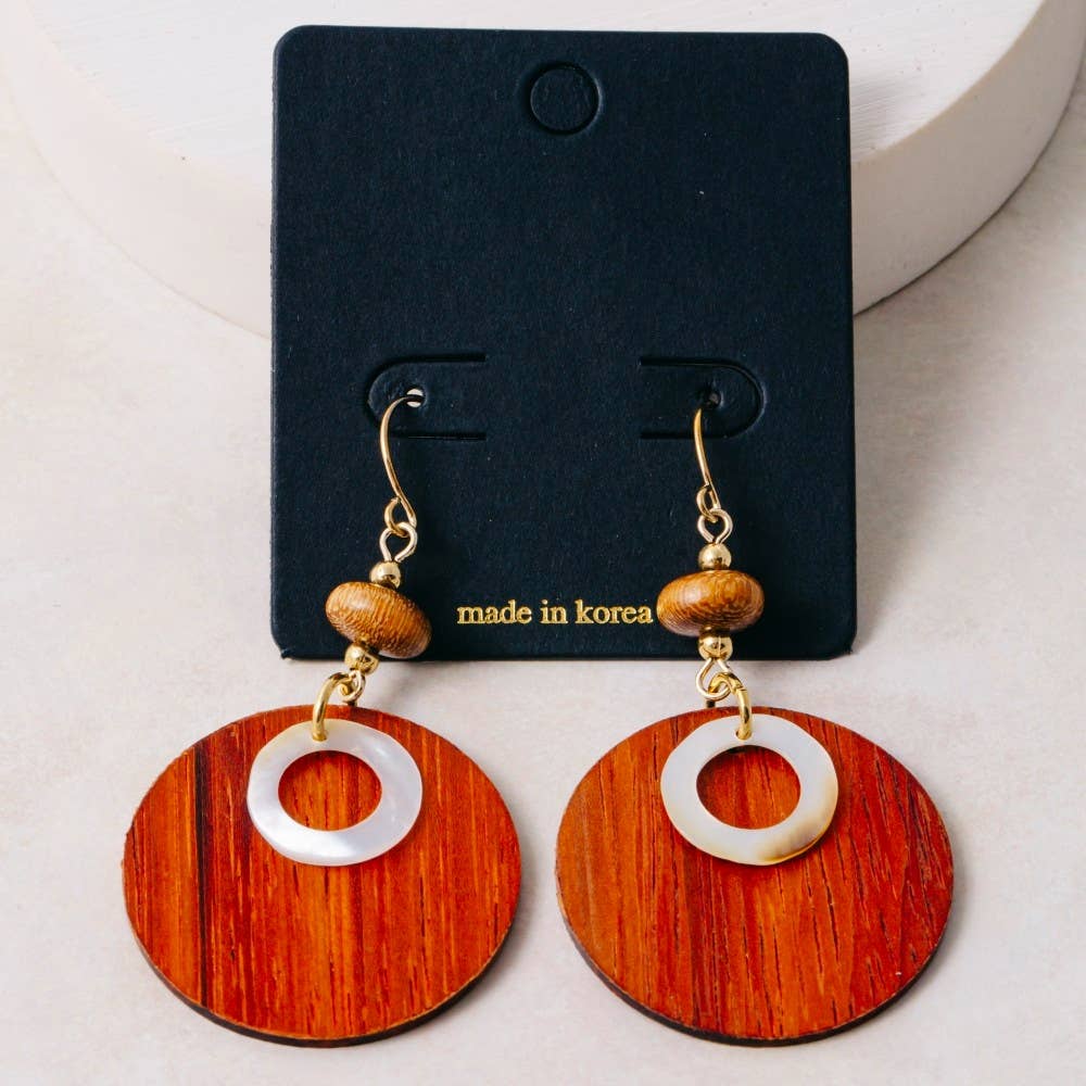 Wooden Disc And Bead Dangle Earrings