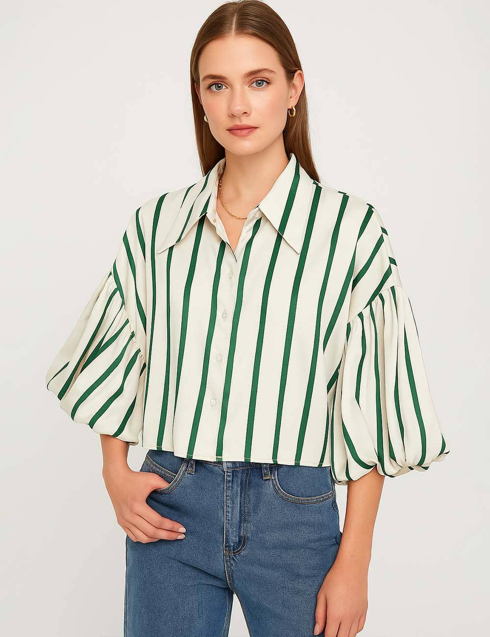 Ladies Striped Puff Sleeves Button Shirt