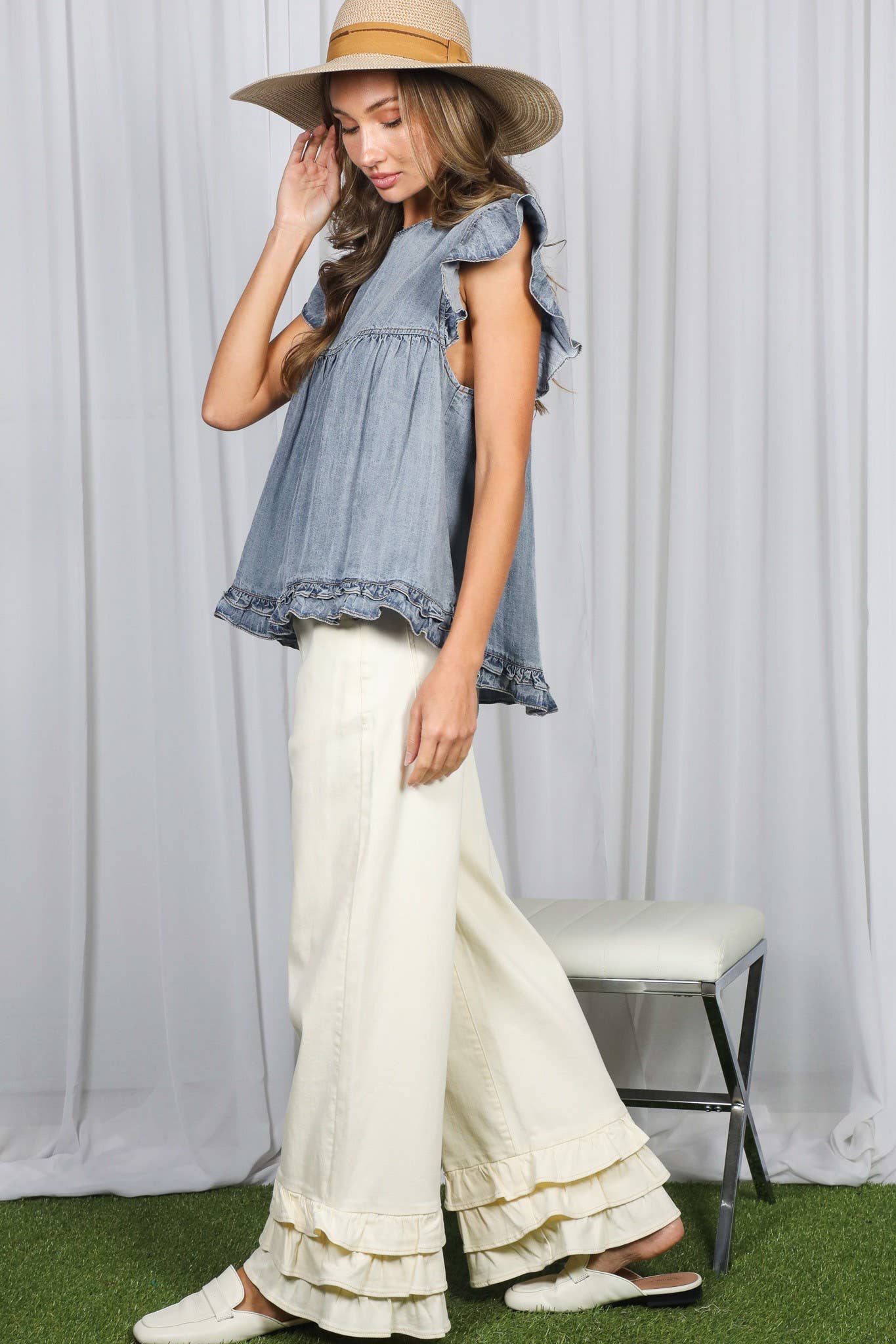 Ruffle Accent Short Sleeve Chambray Denim Top
