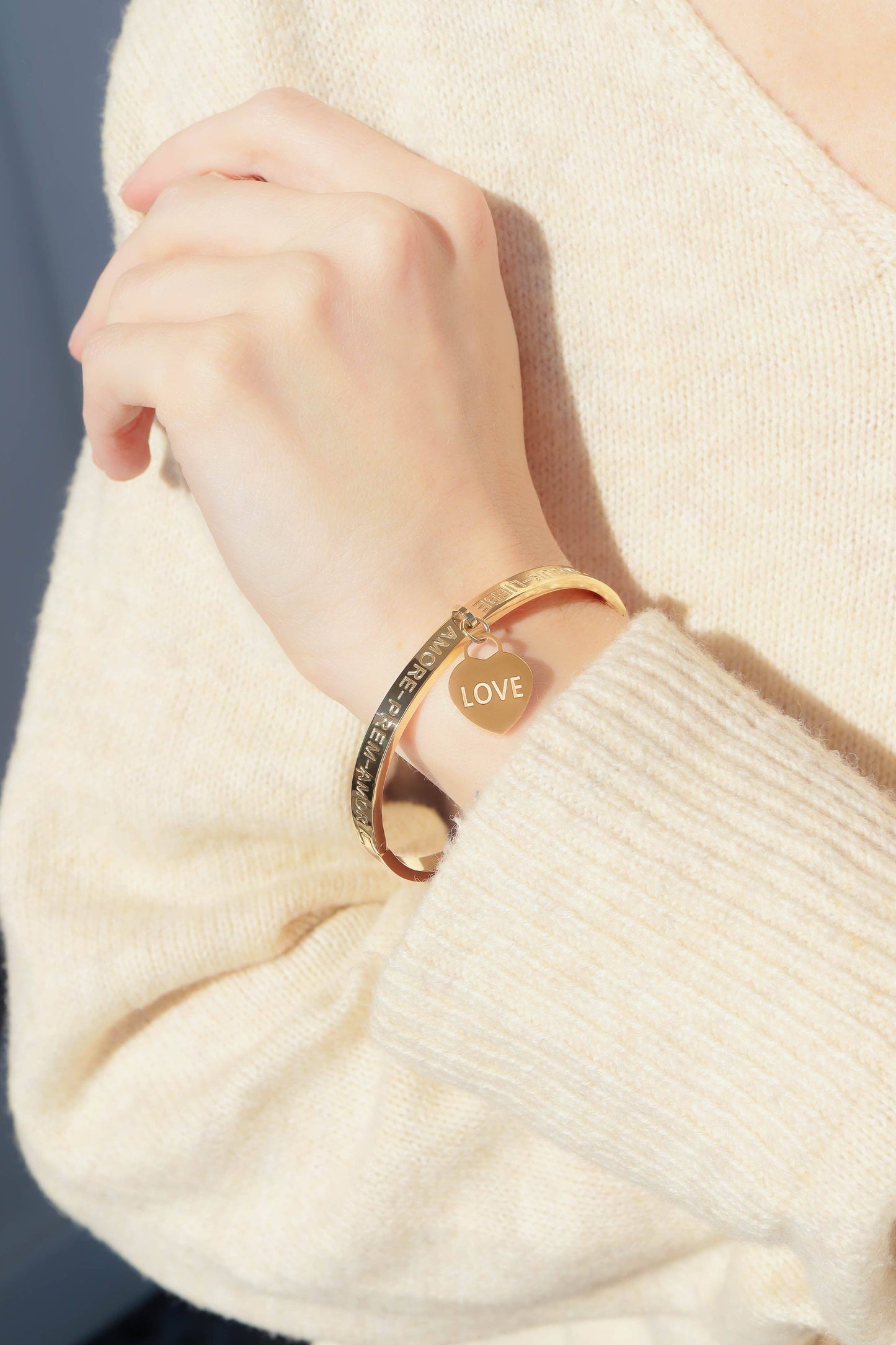 Love Languages Heart Charm Bangle 18K Gold PVD Stainless Steel