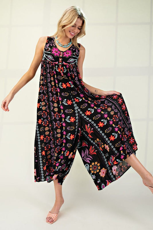 ALL THIS TIME WIDE LEGS PRINTED RAYON GAUZE JUMPSUIT