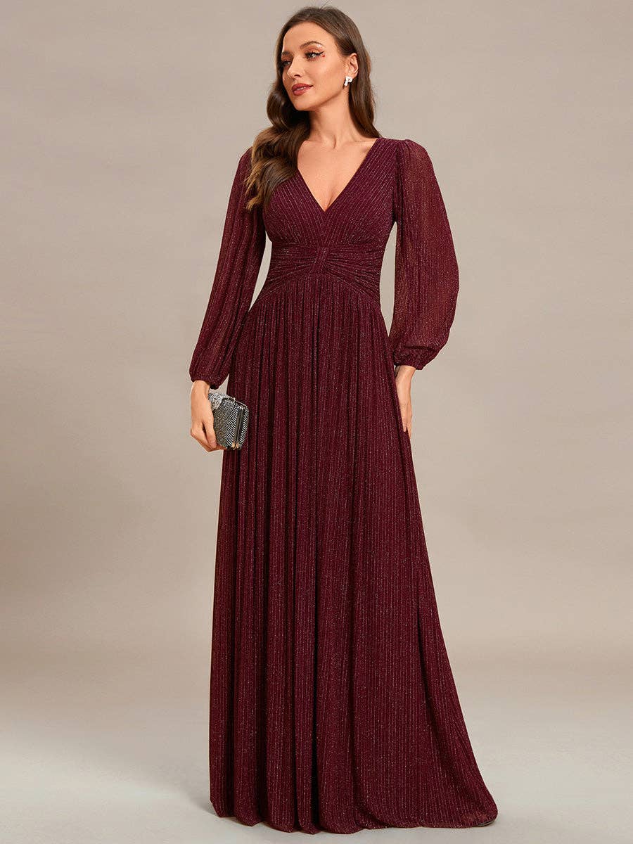 Maxi Long Chiffon Waist V Neck Long Sleeves Evening Dress