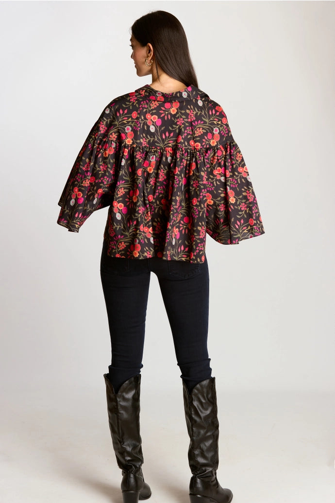 Black Print Poplin Sleeve Blouse