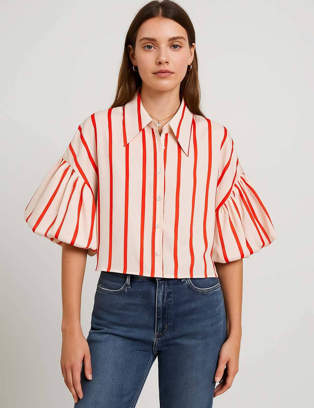 Ladies Striped Puff Sleeves Button Shirt