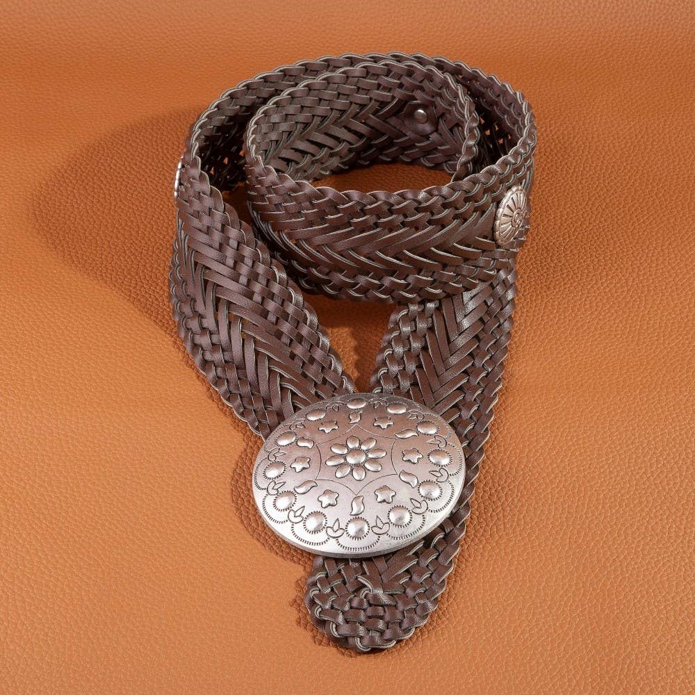 Braided Vegan Leather Floral Concho Belt
