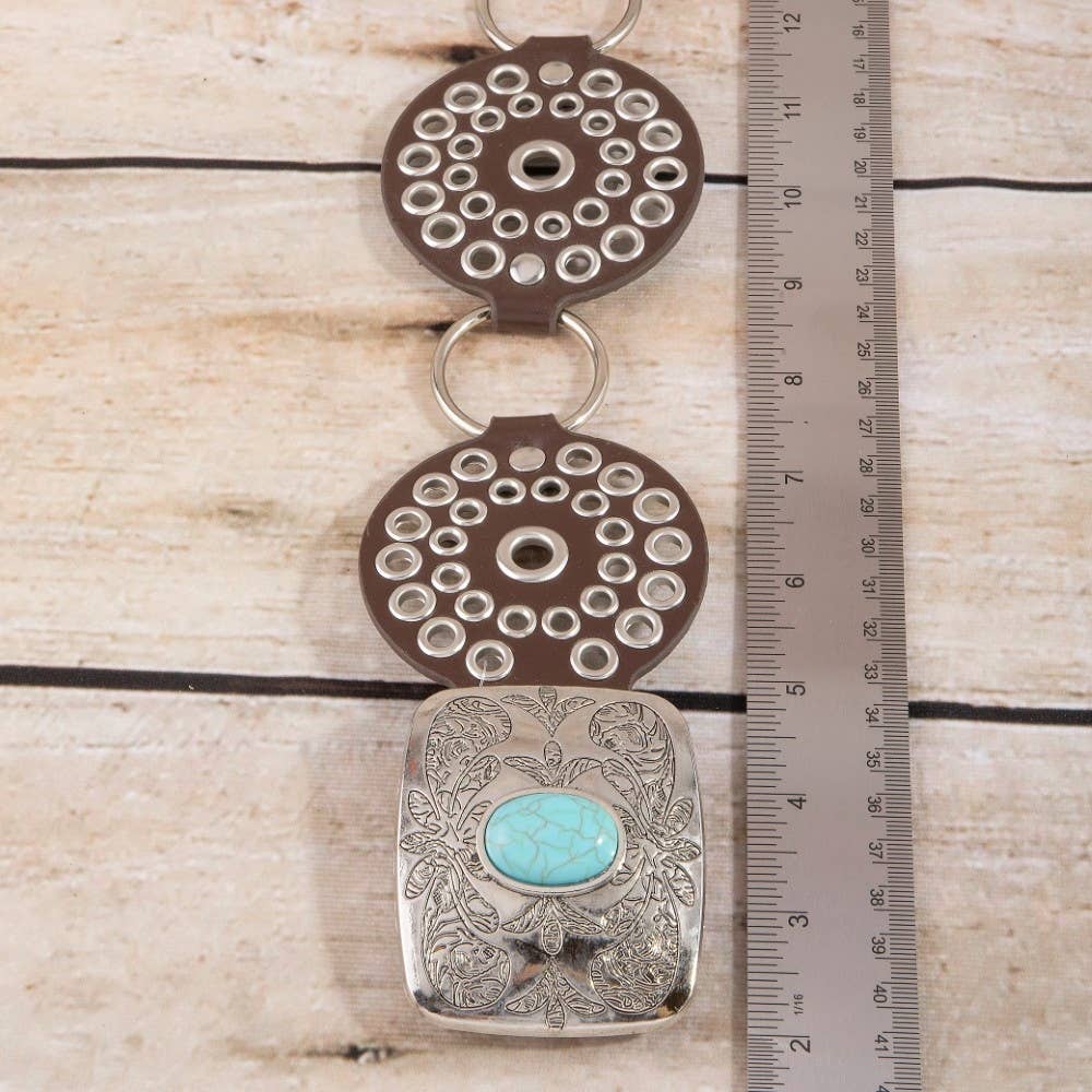Vegan Leather Studded Disc Engraved Buckle