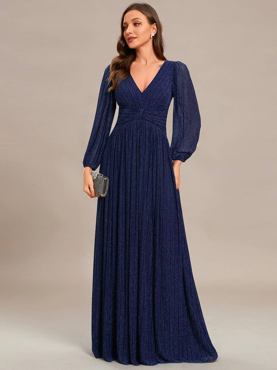 Maxi Long Chiffon Waist V Neck Long Sleeves Evening Dress
