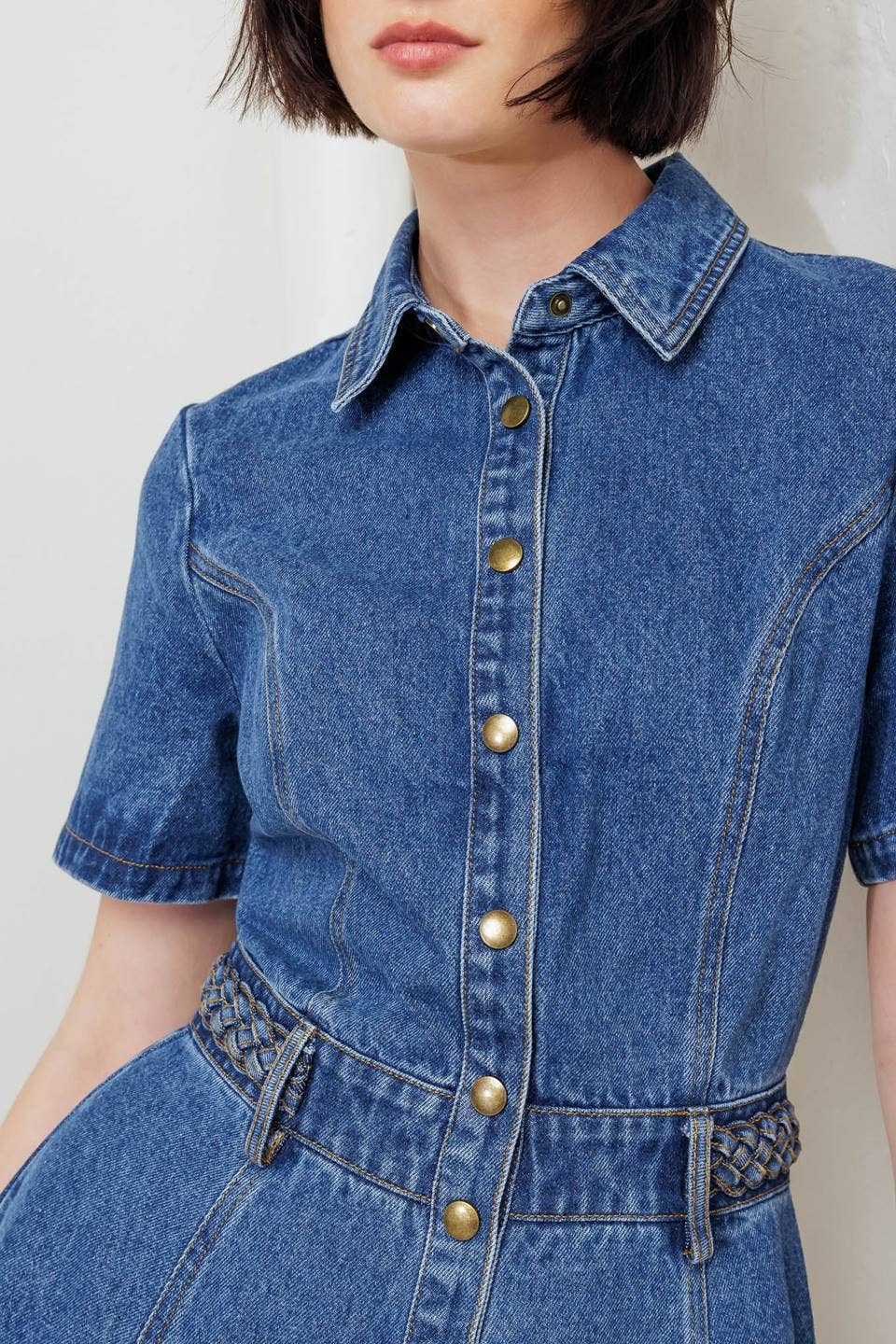 WASHED DENIM BUTTON DOWN MIDI DRESS