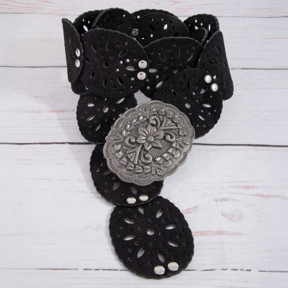 Embroidered Floral Buckle Vegan Leather Belt