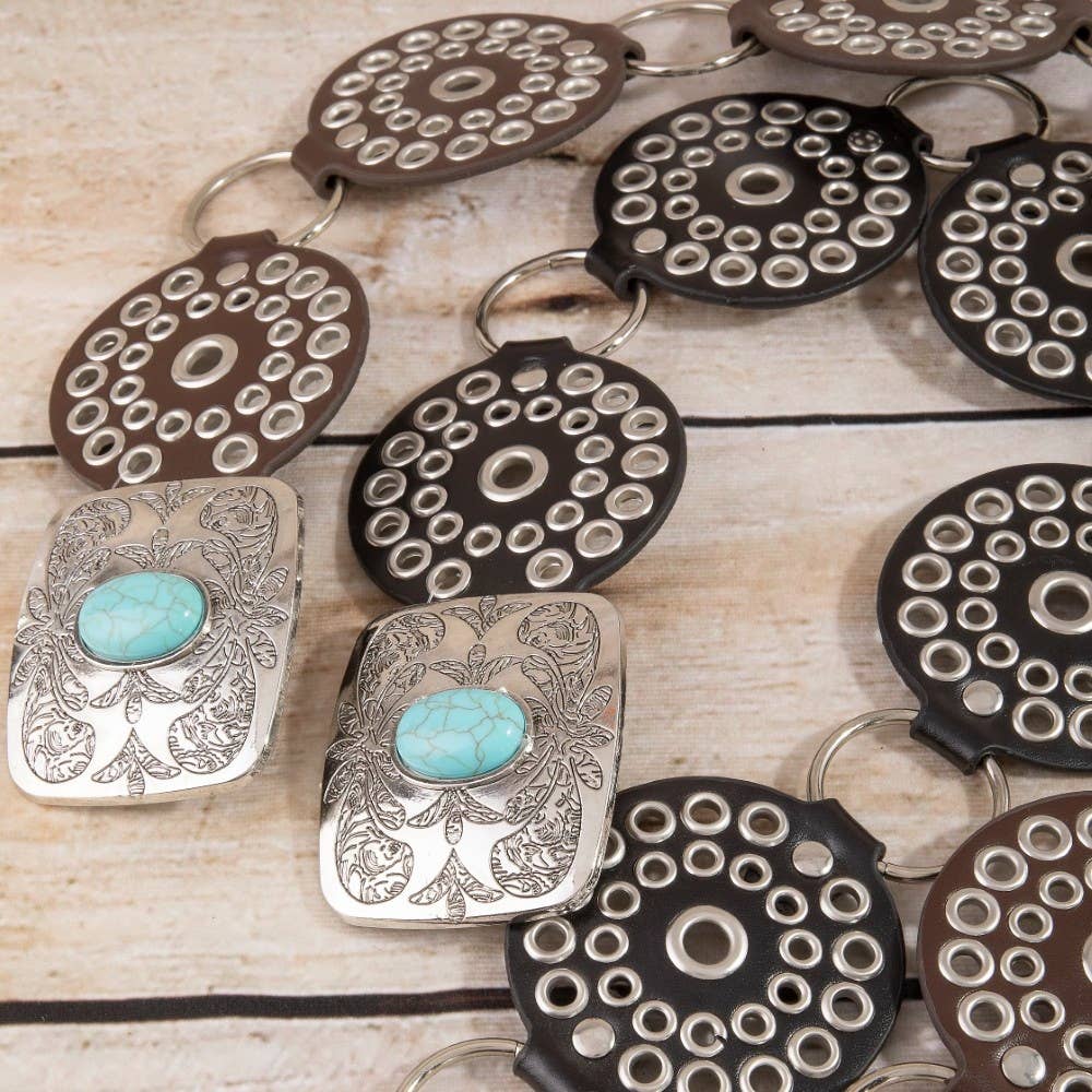 Vegan Leather Studded Disc Engraved Buckle