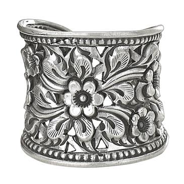 Festive Wide Sterling Silver Ornate Flower Ring