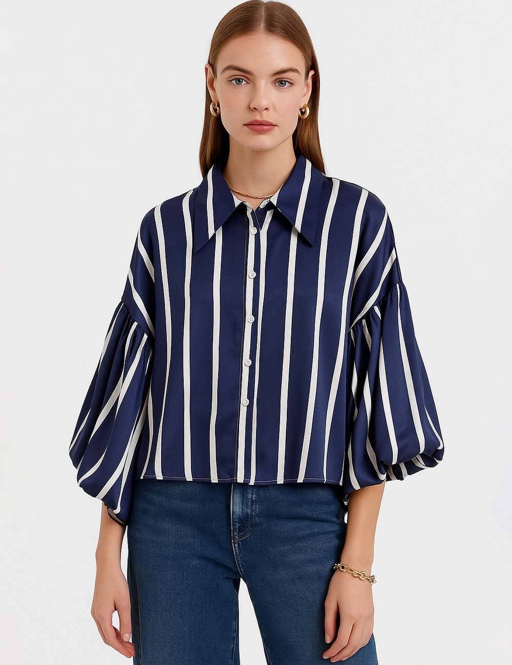Ladies Striped Puff Sleeves Button Shirt