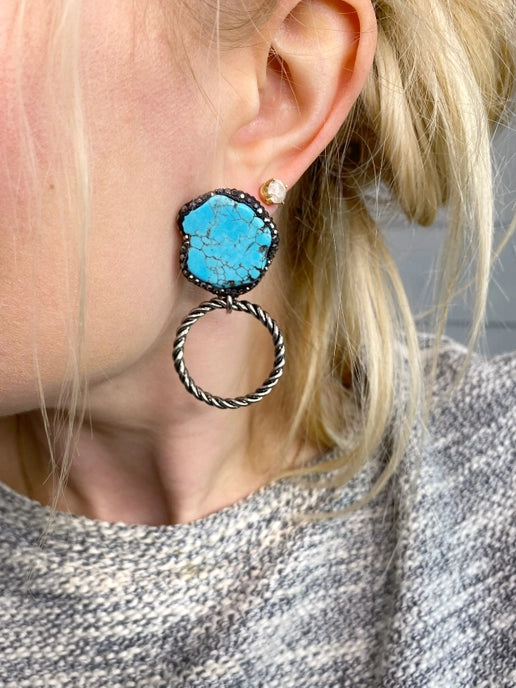 Natural Stone & Silver Hoop Earrings
