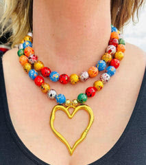 Rainbow Double Strand Hammered Heart Necklace